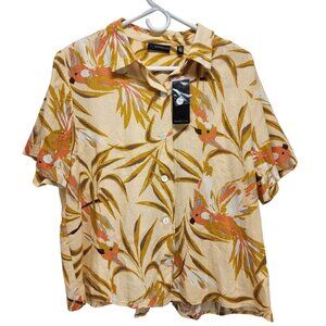 Rafaella Womens shirt Tropical Print Button-Down linen  Short Sleeve Size L